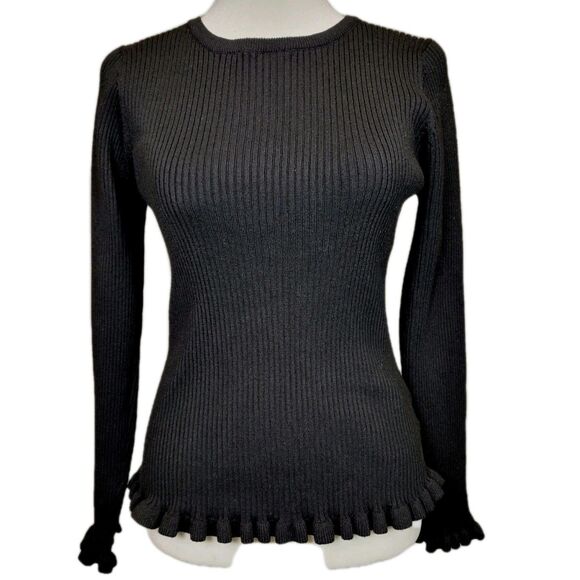 Grace Karma Sweater Womens Medium Black Ribbed Ruffle Hem Preppy Academia - Picture 1 of 8
